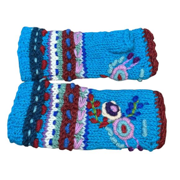 Handmade crochet hand knitted blue floral 100% wool fleece fingerless gloves - Picture 9 of 11